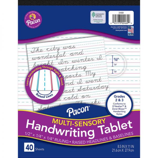 Pacon® Multi-Sensory Raised Ruled Tablet, Tape-Bound Tablet, 1/2" x 1/4" x 1/4" Ruled Short, 8-1/2" x 11", 40 Sheets