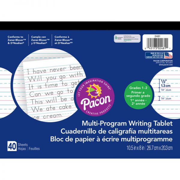 Pacon® Multi-Program Handwriting Tablet, D'Nealian/Zaner-Bloser, 1/2" x 1/4" x 1/4" Ruled Long, 10-1/2" x 8", 40 Sheets