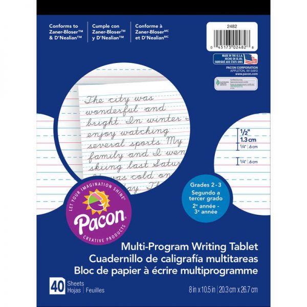 Pacon® Multi-Program Handwriting Tablet, D'Nealian/Zaner-Bloser, 1/2" x 1/4" x 1/4" Ruled Short, 8" x 10-1/2", 40 Sheets