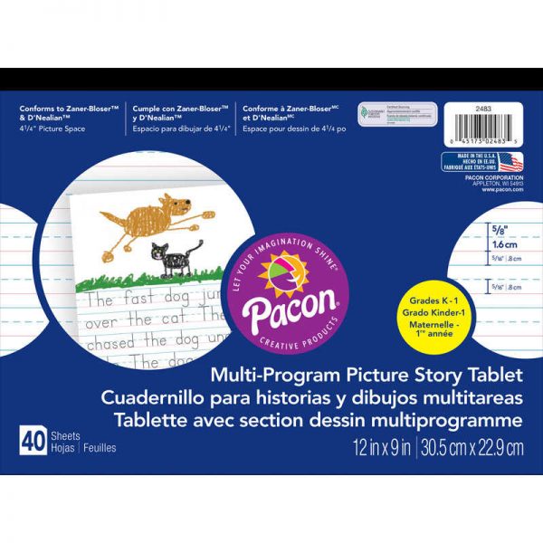 Pacon® Multi-Program Handwriting Tablet, D'Nealian/Zaner-Bloser, 5/8" x 5/16" x 5/16" Ruled & 4-1/4" Picture Story Space, 12" x 9", 40 Sheets