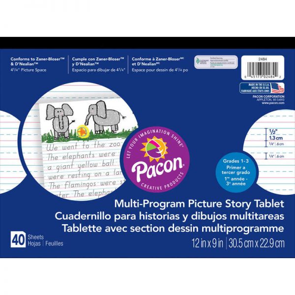 Pacon® Multi-Program Handwriting Tablet, D'Nealian/Zaner-Bloser, 1/2" x 1/4" x 1/4" Ruled & 4-1/4" Picture Story Space, 12" x 9", 40 Sheets