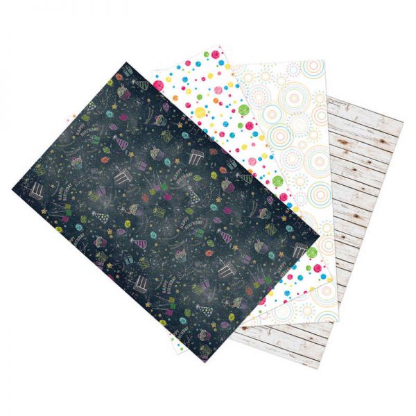 Ella Bella® Photography Backdrop Paper, Assorted Birthday (1 ea.: Birthday, Multi-Colored Dots, Hopscotch Circles & White Washed Wood), 48" x 12', 4 Rolls