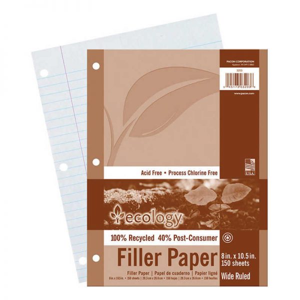 Ecology® Recycled Filler Paper, White, 3-Hole Punched, 3/8" Ruled w/ Margin 8" x 10-1/2", 150 Sheets
