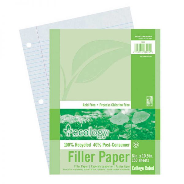 Ecology® Recycled Filler Paper, White, 3-Hole Punched, 9/32" Ruled w/ Margin 8" x 10-1/2", 150 Sheets