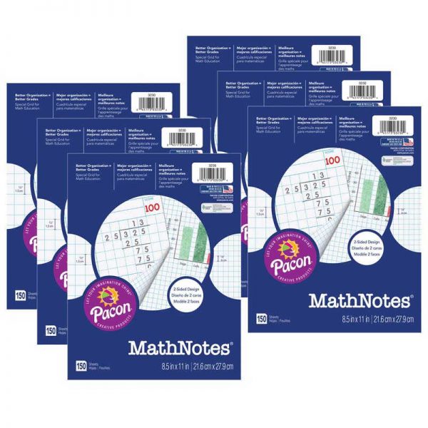 MathNotes® Graphing Paper, White, 3-Hole Punched, 1/2" and 1/4" Grid Ruled, 8-1/2" x 11", 150 Sheets Per Pack, 6 Packs
