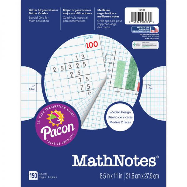 MathNotes® Graphing Paper, White, 3-Hole Punched, 1/2" and 1/4" Grid Ruled, 8-1/2" x 11", 150 Sheets