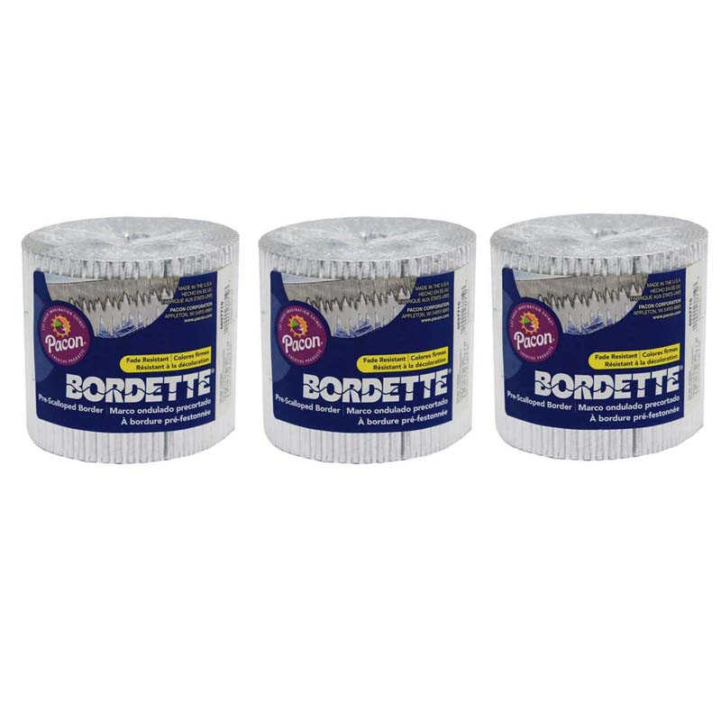 Bordette® Decorative Border, Icicles, Silver Metallic, 2-1/4" x 25', 3 Rolls