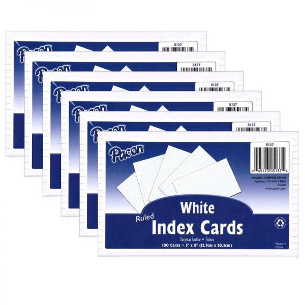 Pacon® Index Cards, White, Ruled, 1/4" Ruled 5" x 8", 100 Per Pack, 6 Packs