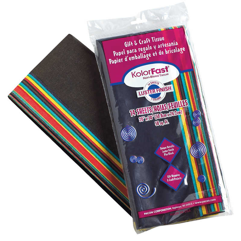 KolorFast® Luster Tissue Assortment, 7 Assorted Colors, 20" x 30", 14 Sheets