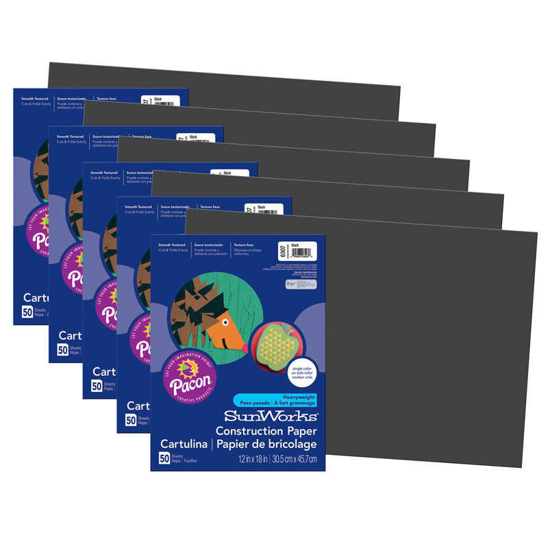 SunWorks® Construction Paper, Black, 12" x 18", 50 Sheets Per Pack, 5 Packs