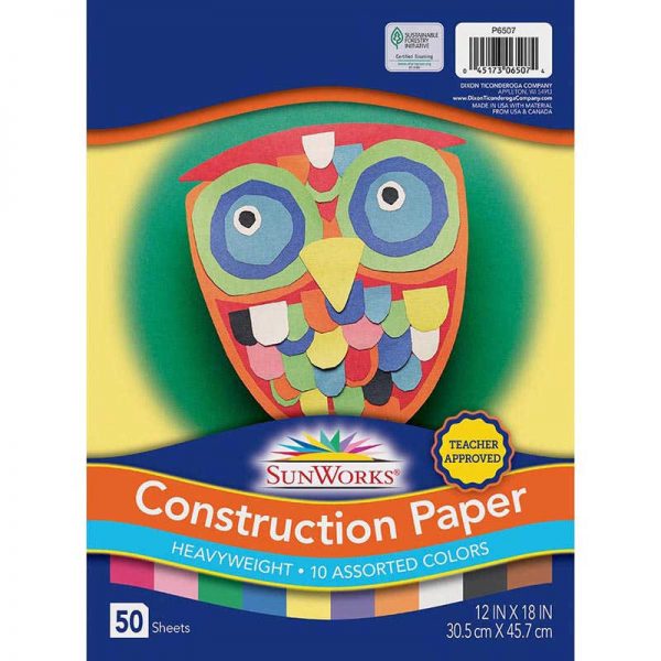 SunWorks® Construction Paper, 10 Assorted Colors, 12" x 18", 50 Sheets