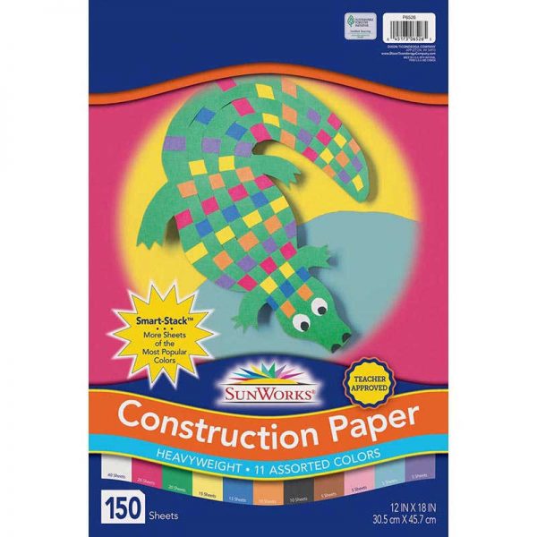 SunWorks® Construction Paper, 11 Assorted Colors, 12" x 18", 150 Sheets