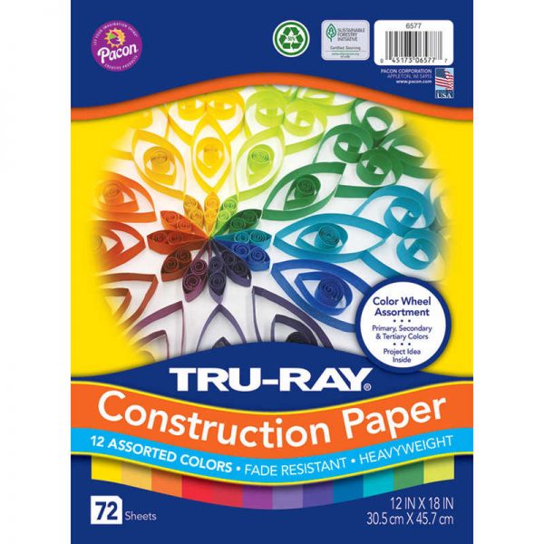Tru-Ray® Color Wheel Assortment, 12 Vibrant Colors, 12" x 18", 72 Sheets