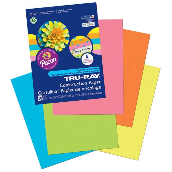 Tru-Ray® Construction Paper, 5 Assorted Hot Colors, 9" x 12", 50 Sheets