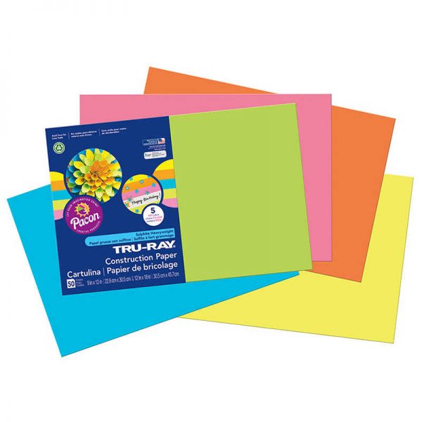 Tru-Ray® Construction Paper, 5 Assorted Hot Colors, 12" x 18", 50 Sheets