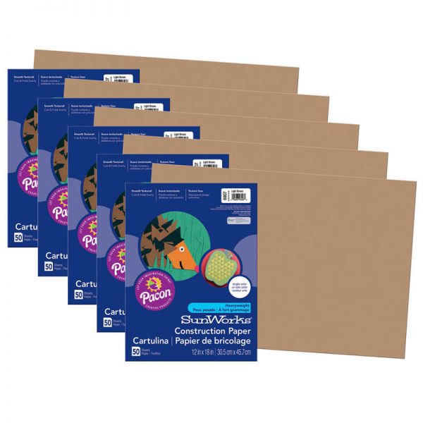 SunWorks® Construction Paper, Light Brown, 12" x 18", 50 Sheets Per Pack, 5 Packs