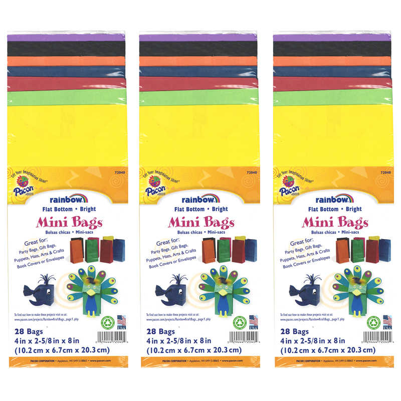 Rainbow® Mini Kraft Bag, Assorted Bright Colors, 4.125" x 2.625" x 8", 28 Per Pack, 3 Packs