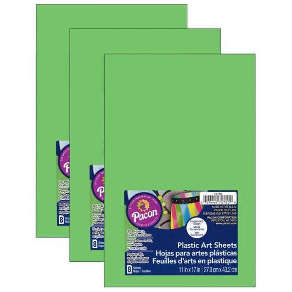 Pacon® Plastic Art Sheets, Neon Green, 11" x 17", 8 Sheets Per Pack, 3 Packs