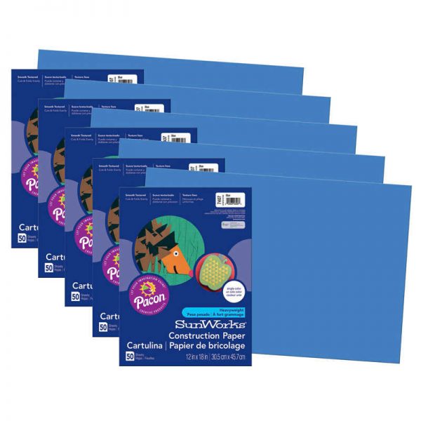 SunWorks® Construction Paper, Blue, 12" x 18", 50 Sheets Per Pack, 5 Packs