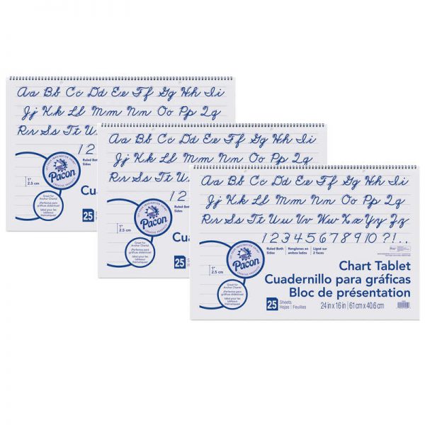 Pacon® Chart Tablet, Cursive Cover, 1" Ruled, 24" x 16", 25 Sheets Per Tablet, 3 Tablets