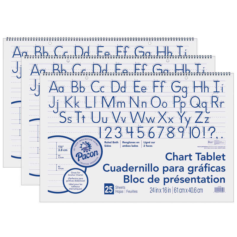 TeachersParadise - Pacon® Chart Tablet, Manuscript Cover, 1-1/2 Ruled, 24  x 16, 25 Sheets, Pack of 3 - PAC74720-3