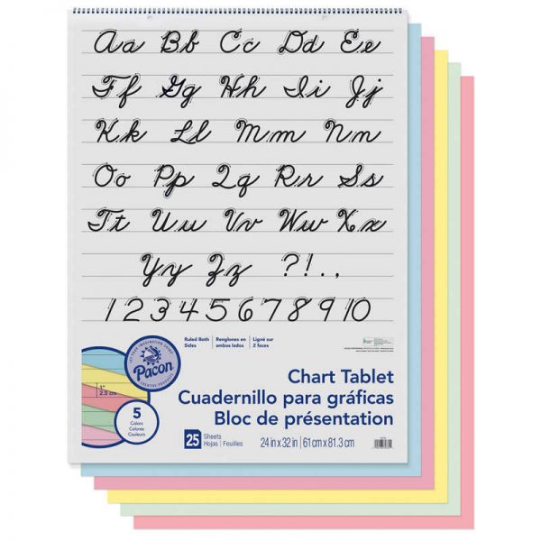 Pacon® Colored Paper Chart Tablet, Cursive Cover, Asst, 1" Ruled. 24" x 32", 25 Sheets
