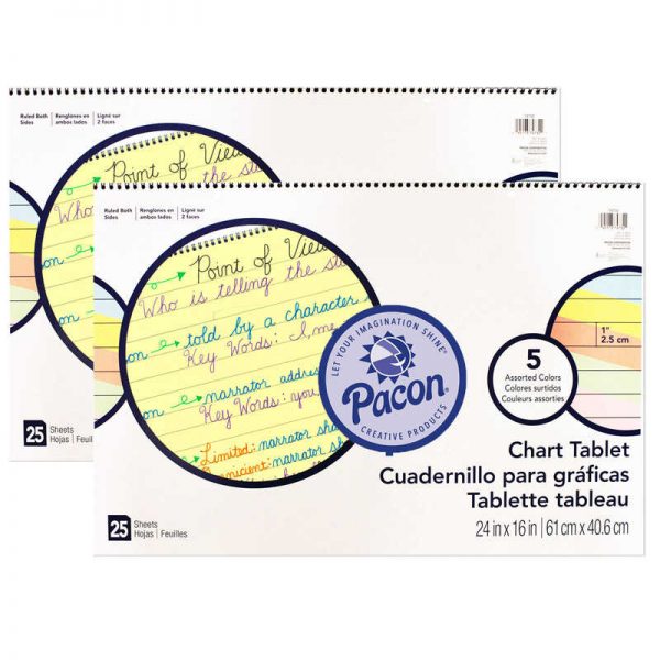 Pacon® Colored Paper Chart Tablet, Cursive Cover, 5 Assorted Colors, 1" Ruled, 24" x 16", 25 Sheets, Pack of 2