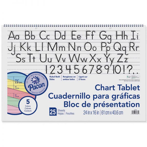 Pacon® Colored Paper Chart Tablet, Manuscript Cover, 5 Assorted Colors, 1-1/2" Ruled, 24" x 16", 25 Sheets