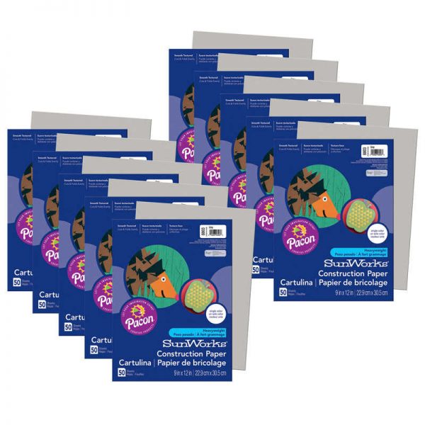 SunWorks® Construction Paper, Gray, 9" x 12", 50 Sheets Per Pack, 10 Packs