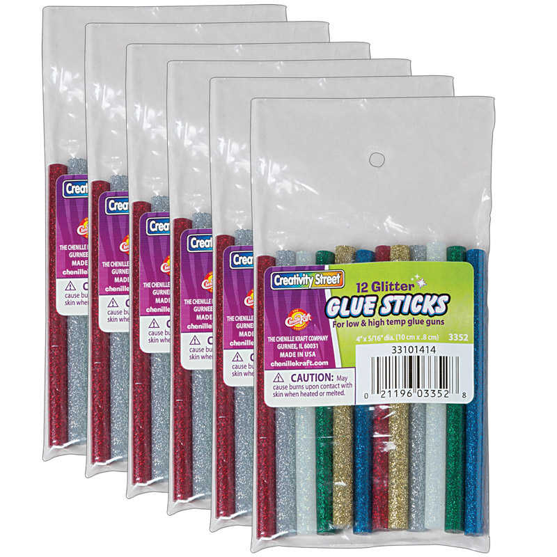 Creativity Street® Hot Glue Sticks, 6 Assorted Glitter Colors, 4" x 0.31", 12 Per Pack, 6 Packs