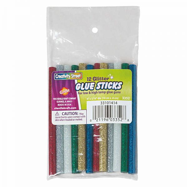 Creativity Street® Hot Glue Sticks, 6 Assorted Glitter Colors, 4" x 0.31", 12 Pieces