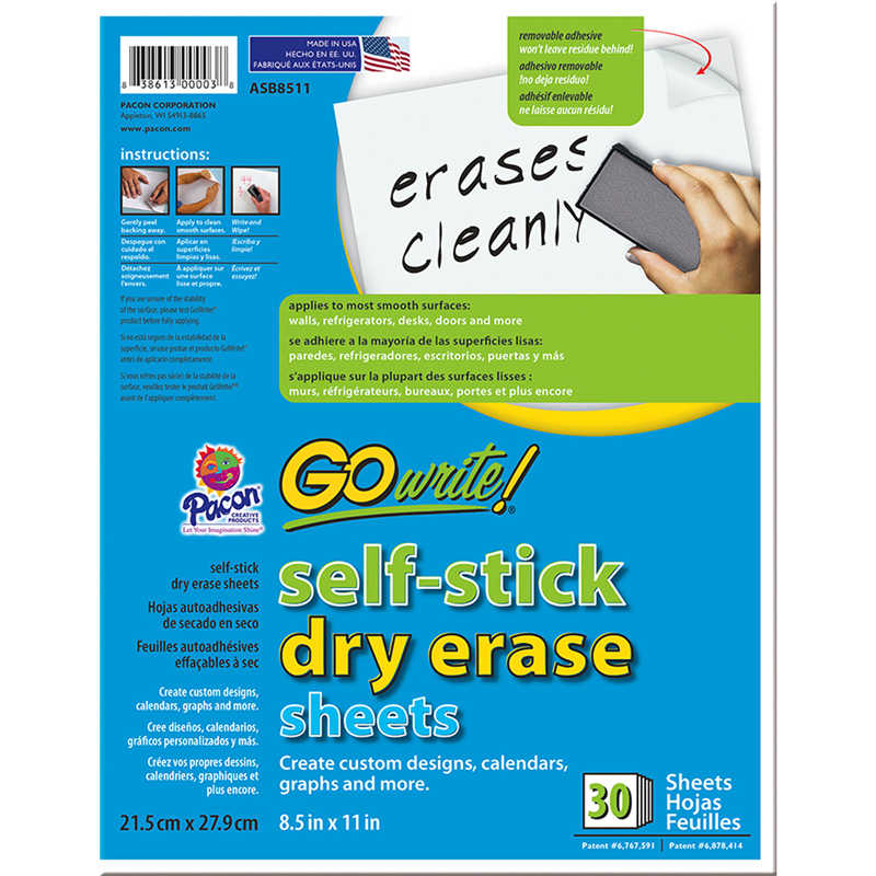 GoWrite 30 Sheets PACASB8511 Self-Adhesive Dry Erase Sheets White Renewed 8-1/2 x 11 