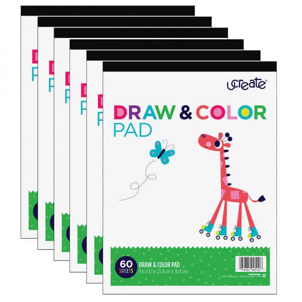 UCreate® Draw & Color Pad, White, 9" x 12", 60 Sheets, Pack of 6