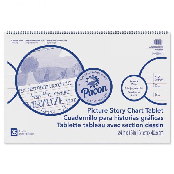 Pacon® Picture Story Chart Tablet, White, Ruled Long, 1-1/2" Ruled, 24" x 16", 25 Sheets, Pack of 3