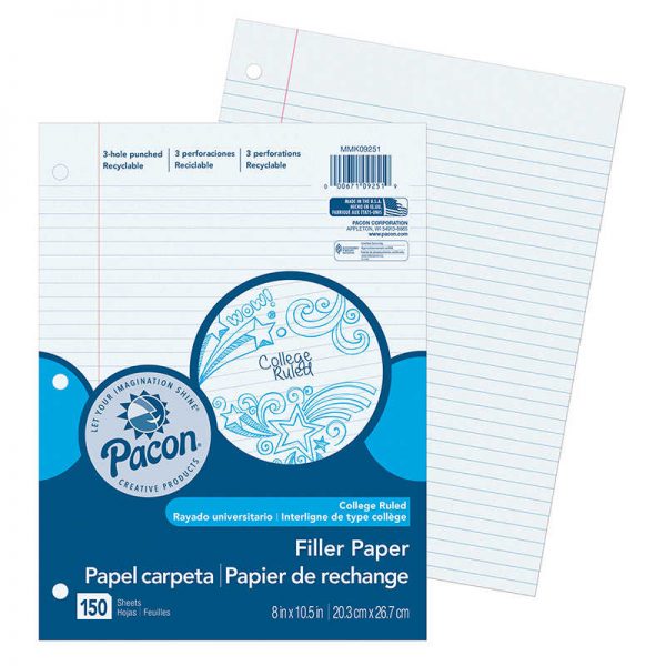 Pacon® Filler Paper, White, 3-Hole Punched, Red Margin, 9/32" Ruled, 8" x 10-1/2", 150 Sheets