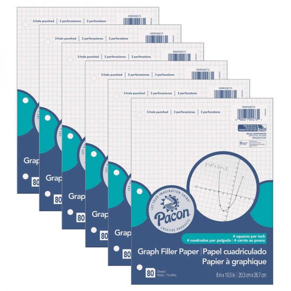 Pacon® Graphing Paper, White, 3-Hole Punched, 1/4" Quadrille Ruled, 8" x 10-1/2", 80 SheetsPer Pack, 6 Packs