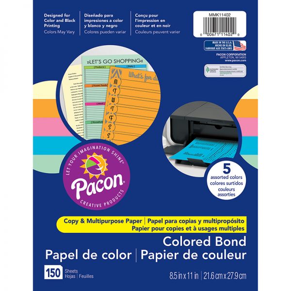 Pacon® Multi-Purpose Paper, 5 Assorted Colors, 8-1/2" x 11", 150 Sheets