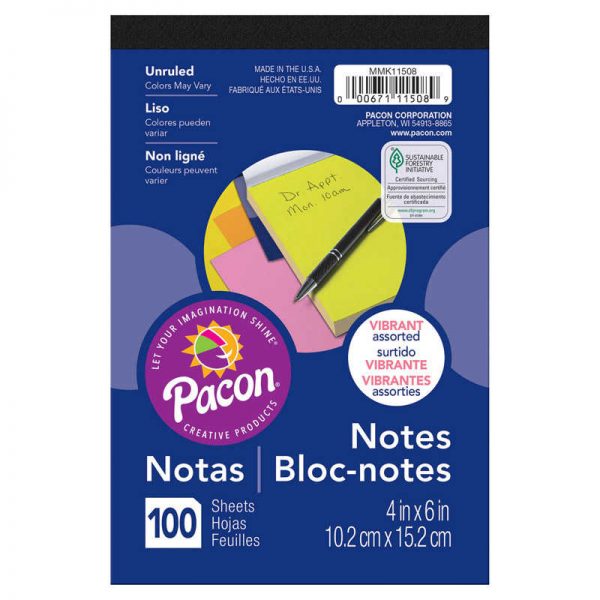 Pacon® Note Pad, 5 Vibrant Assorted Colors, 4" x 6", 100 Sheets