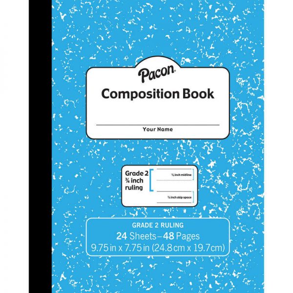 Pacon® Composition Book, Grade 2, Blue Marble, 3/4" x 3/8" x 3/8" Ruled, 9-3/4" x 7-3/4", 24 Sheets
