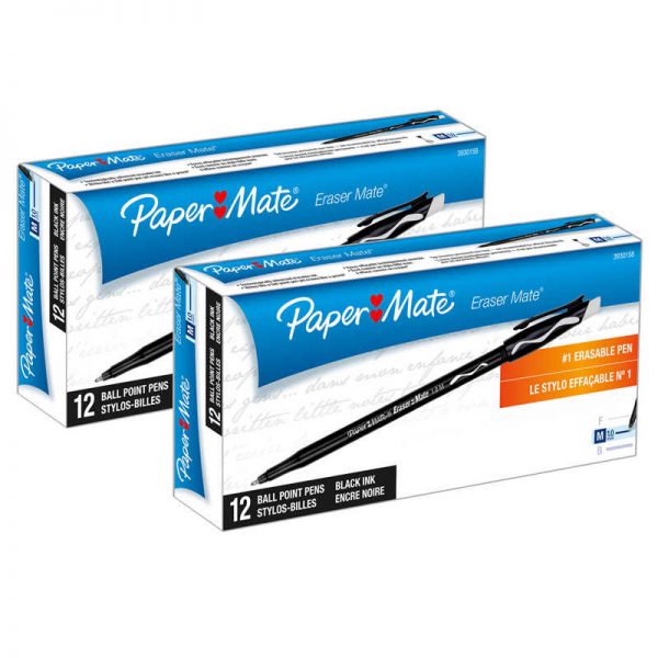 PaperMate® Eraser Mate® Pen, Black, 12 Per Pack, 2 Packs