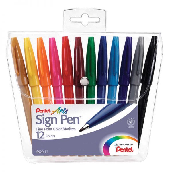 Pentel® Sign Pen®, Fine Point Color Markers, Assorted, Pack of 12