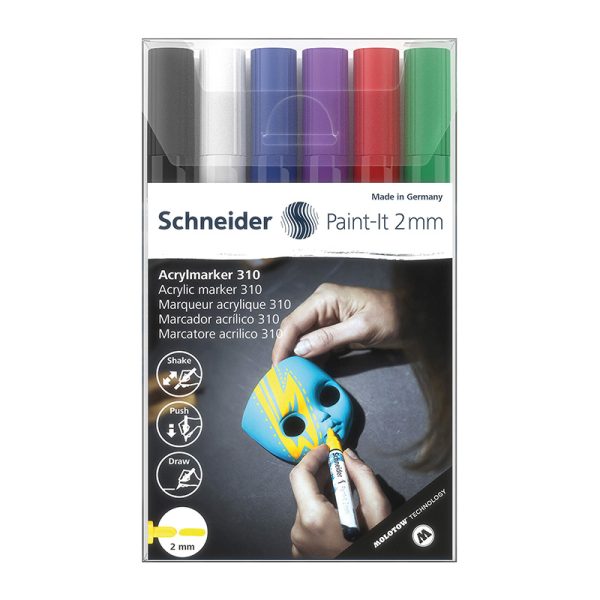 Schneider® Paint-It 310 Acrylic Markers, 2 mm Bullet Tip, Wallet, 6 Assorted Ink Colors