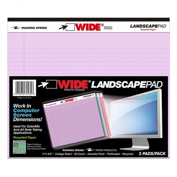 Roaring Spring Paper Products Legal Pad, Landscape, Assorted 3-Pack, Orchid/Blue/Pink