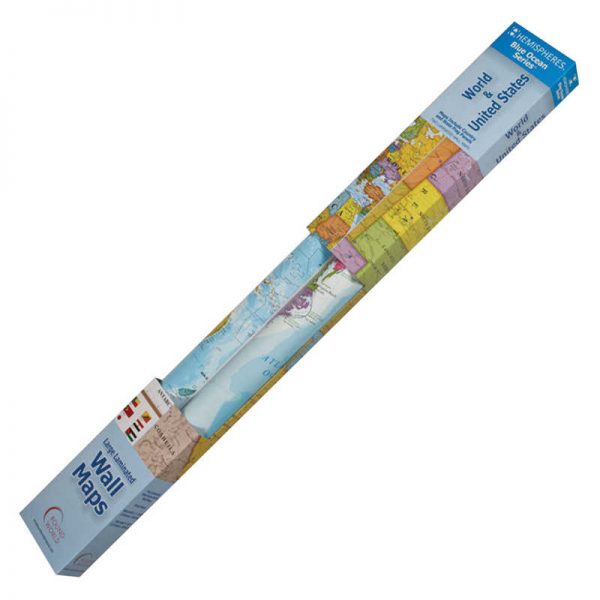 Round World Products Hemispheres Blue Ocean Series World/USA Laminated Wall Maps, 2-Pack