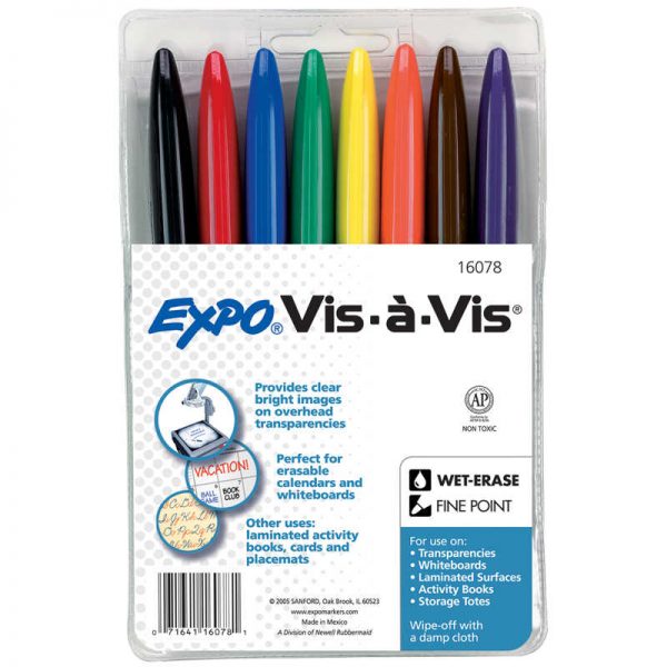 EXPO® Vis-à-Vis™ Wet Erase Markers, Assorted Colors, Set of 8
