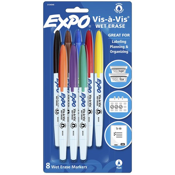 EXPO® Vis-à-Vis Wet Erase Marker Set, 8 Colors, Fine Tip