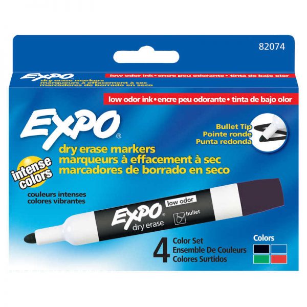 EXPO® Low Odor Dry Erase Markers, Bullet Tip, Asstd Colors, 4 Per Pack