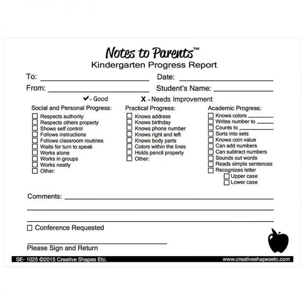 Creative Shapes Etc. Notes to Parents™, Kindergarten Progress Report
