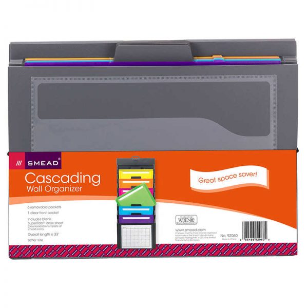 Smead® Cascading Wall Organizer, 6 Pockets, Letter, Gray/Bright