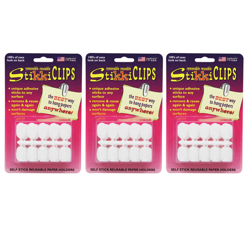 StikkiWorks StikkiCLIPS® Self-Stick Reusable Paper Holders, White, 30 Per Pack, 3 Packs